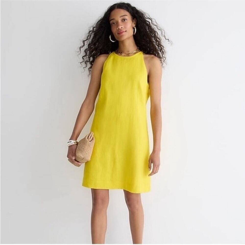 J. Crew Dress Size XST Yellow 100% Linen Maxine Mini‎ High Neck Sleeveless BR433